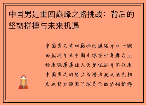 中国男足重回巅峰之路挑战：背后的坚韧拼搏与未来机遇