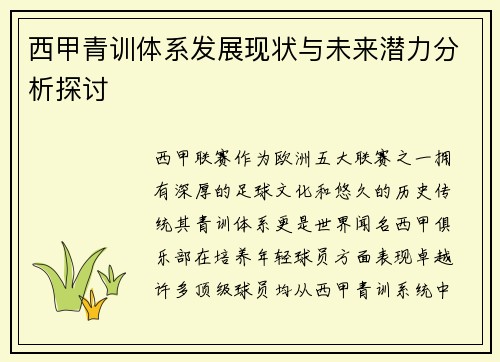 西甲青训体系发展现状与未来潜力分析探讨