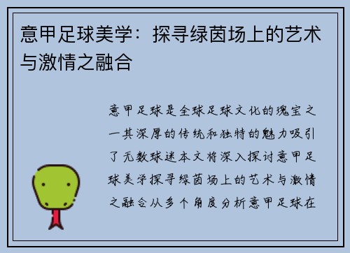 意甲足球美学：探寻绿茵场上的艺术与激情之融合