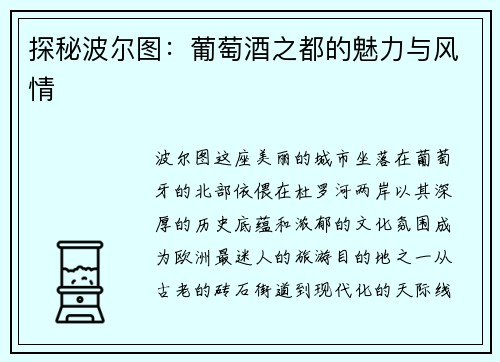 探秘波尔图：葡萄酒之都的魅力与风情