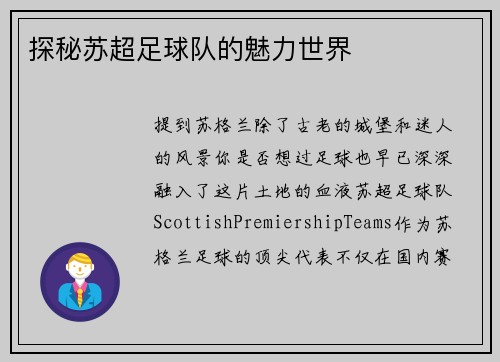 探秘苏超足球队的魅力世界