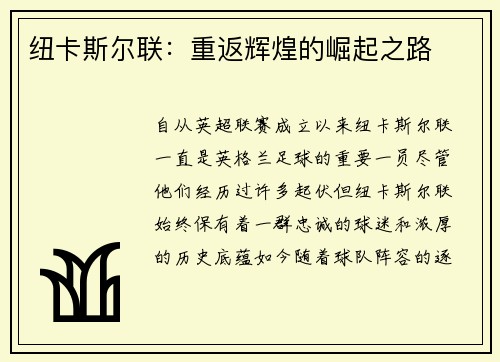 纽卡斯尔联：重返辉煌的崛起之路