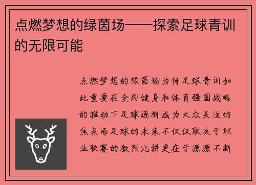 点燃梦想的绿茵场——探索足球青训的无限可能