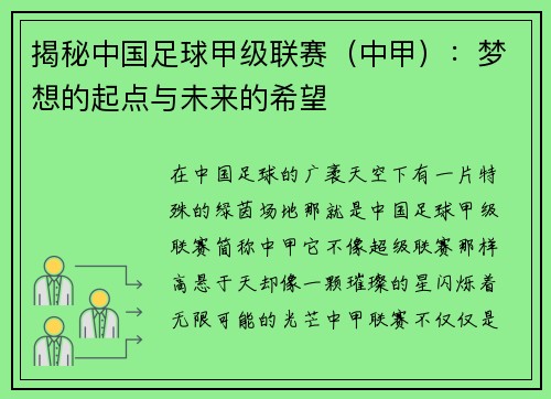 揭秘中国足球甲级联赛（中甲）：梦想的起点与未来的希望